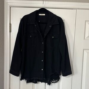 Black Distressed Shacket Jacket - Women’s Casual Overshirt